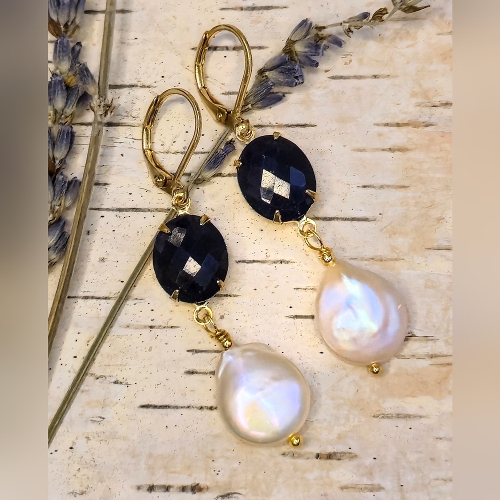 Natural Sapphire 15 Total Carats Opaque & Baroque Pearls In Gold Plated Earrings